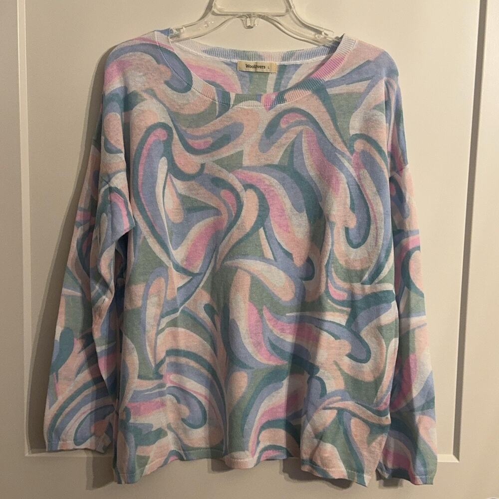 Woolovers Sweater Sz L Multicolor Paisley Crew Neck Lightweight Ramie Cotton